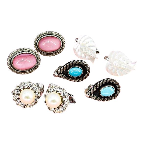 4x Vintage Earrings Incl Marvella Satin Glass Faux Turquoise Mother Of Pearl - Picture 1 of 8